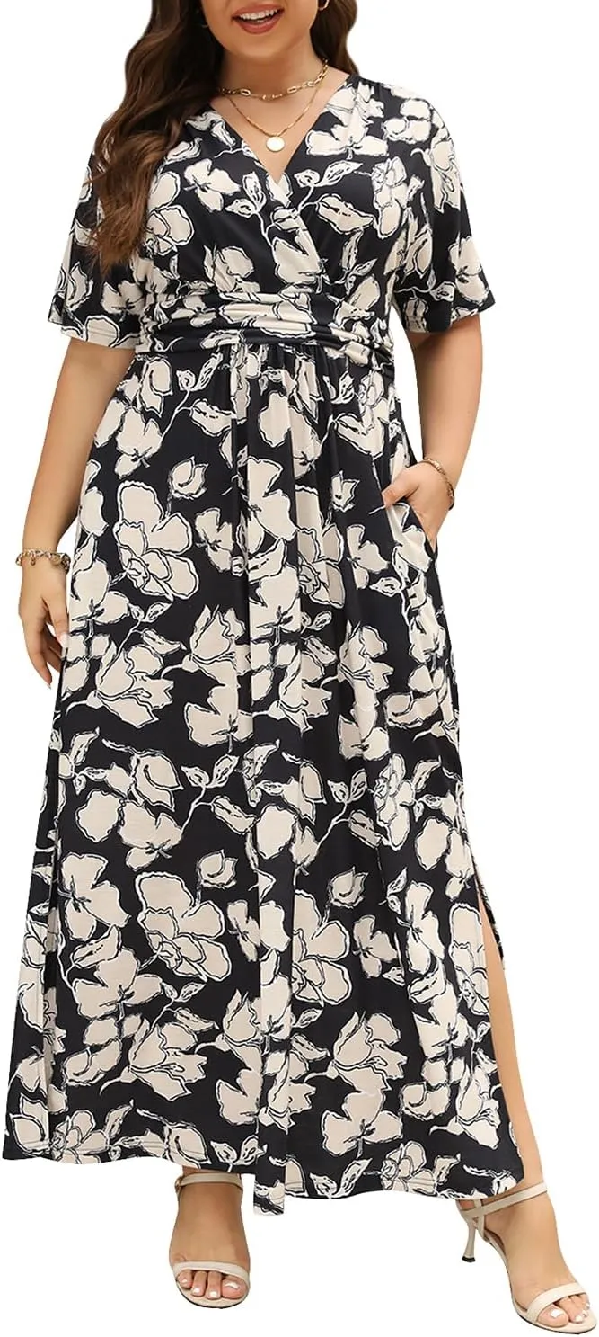 Keluummi Plus Size Wedding Guest Maxi Dress for Curvy Women, Summer Casual Floral Empire Waist 3/4 Sleeve Long Cocktail Dress