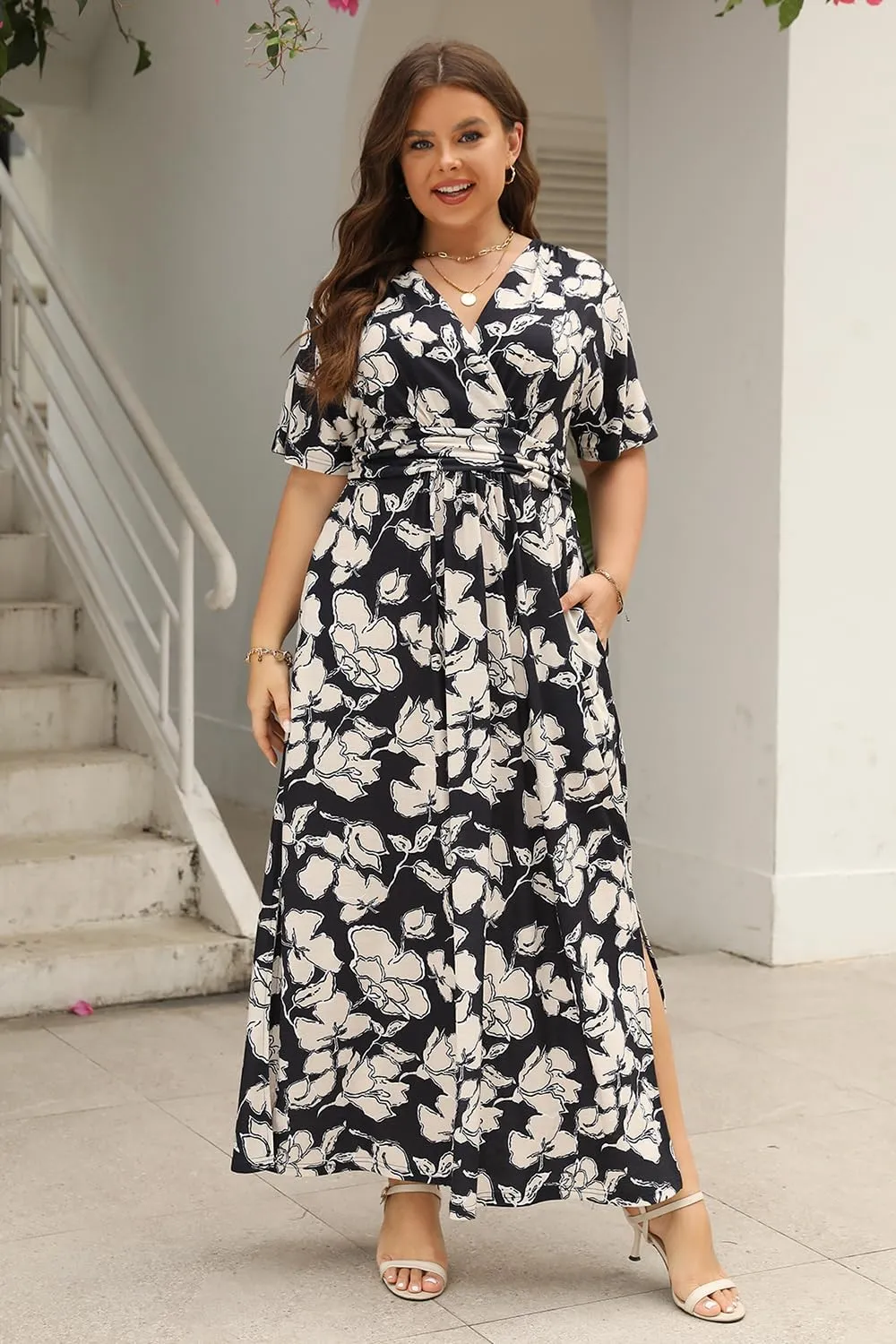 Keluummi Plus Size Wedding Guest Maxi Dress for Curvy Women, Summer Casual Floral Empire Waist 3/4 Sleeve Long Cocktail Dress