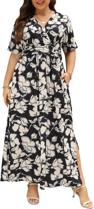 Keluummi Plus Size Wedding Guest Maxi Dress for Curvy Women, Summer Casual Floral Empire Waist 3/4 Sleeve Long Cocktail Dress