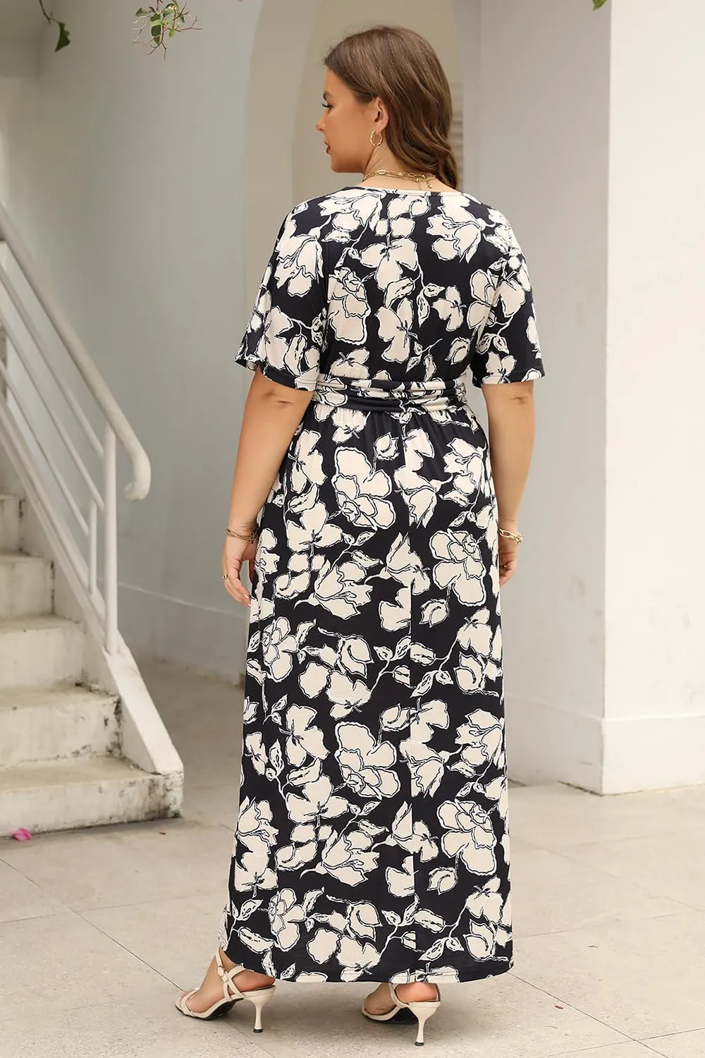 Keluummi Plus Size Wedding Guest Maxi Dress for Curvy Women, Summer Casual Floral Empire Waist 3/4 Sleeve Long Cocktail Dress
