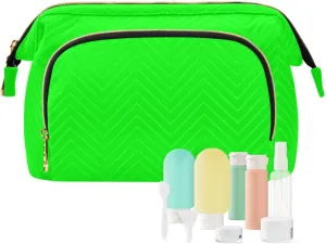 Kigai Plain Neon Green Solid Color Makeup Bag Cosmetic Bag for Women, Travel Toiletry Accessories Portable Storage Makeup Organizer with Zipper Closure