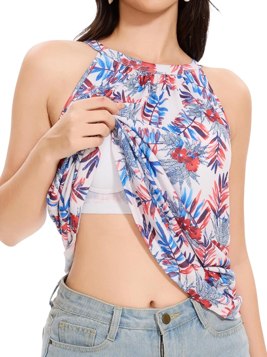 Kniffi Womens Tank Tops with Built in Bra Halter Neck Flowy Sleeveless Tank Tops Loose Fitting Camisole S-XXXL