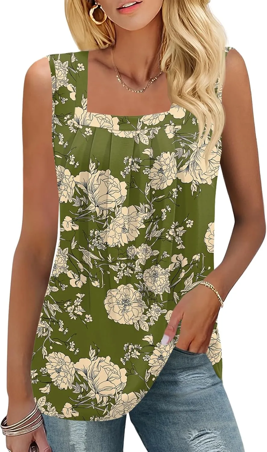 KTILG Summer Sleeveless Square Neck Tops Flowy Pleated Tunic Tank Tops for Women Loose Fit S-3XL