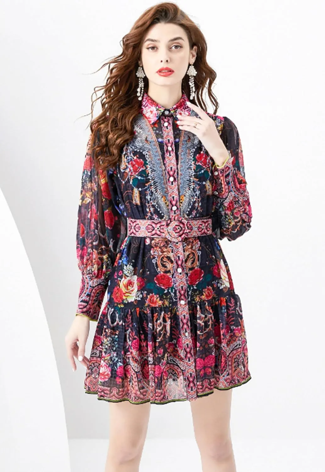LAI MENG FIVE CATS Women's Floral Print Button up Lantern Sleeve Ruffle Dress Mini Dress