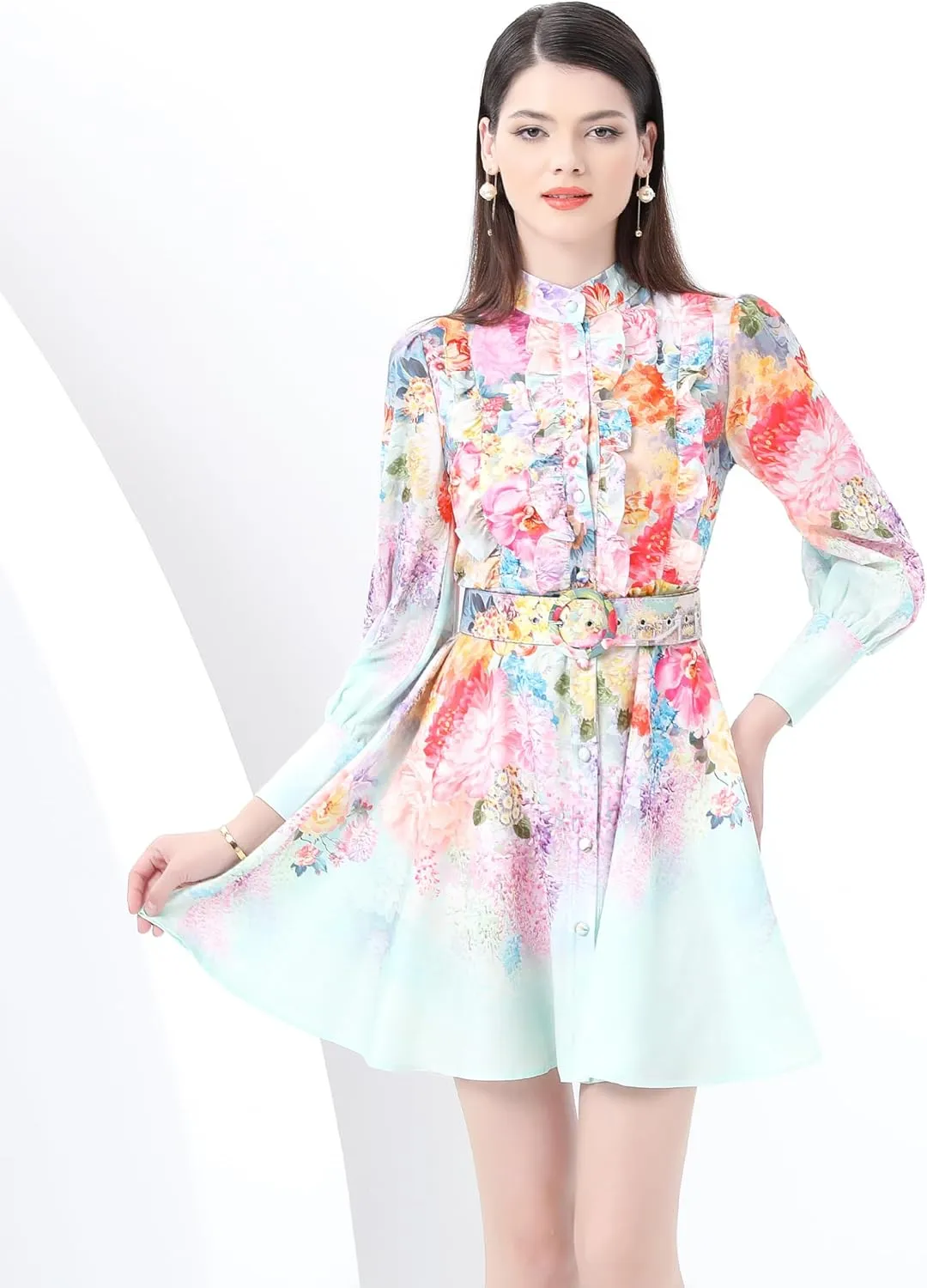 LAI MENG FIVE CATS Women's Floral Print Button up Lantern Sleeve Ruffle Dress Mini Dress
