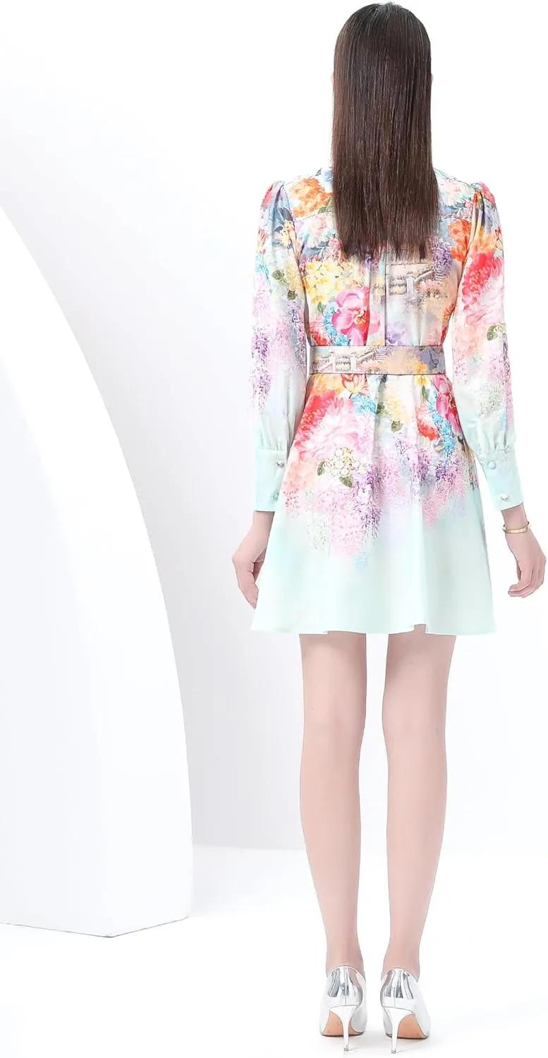 LAI MENG FIVE CATS Women's Floral Print Button up Lantern Sleeve Ruffle Dress Mini Dress
