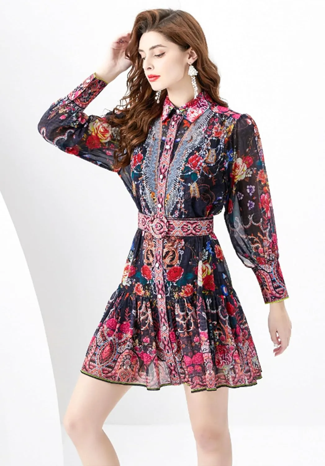 LAI MENG FIVE CATS Women's Floral Print Button up Lantern Sleeve Ruffle Dress Mini Dress