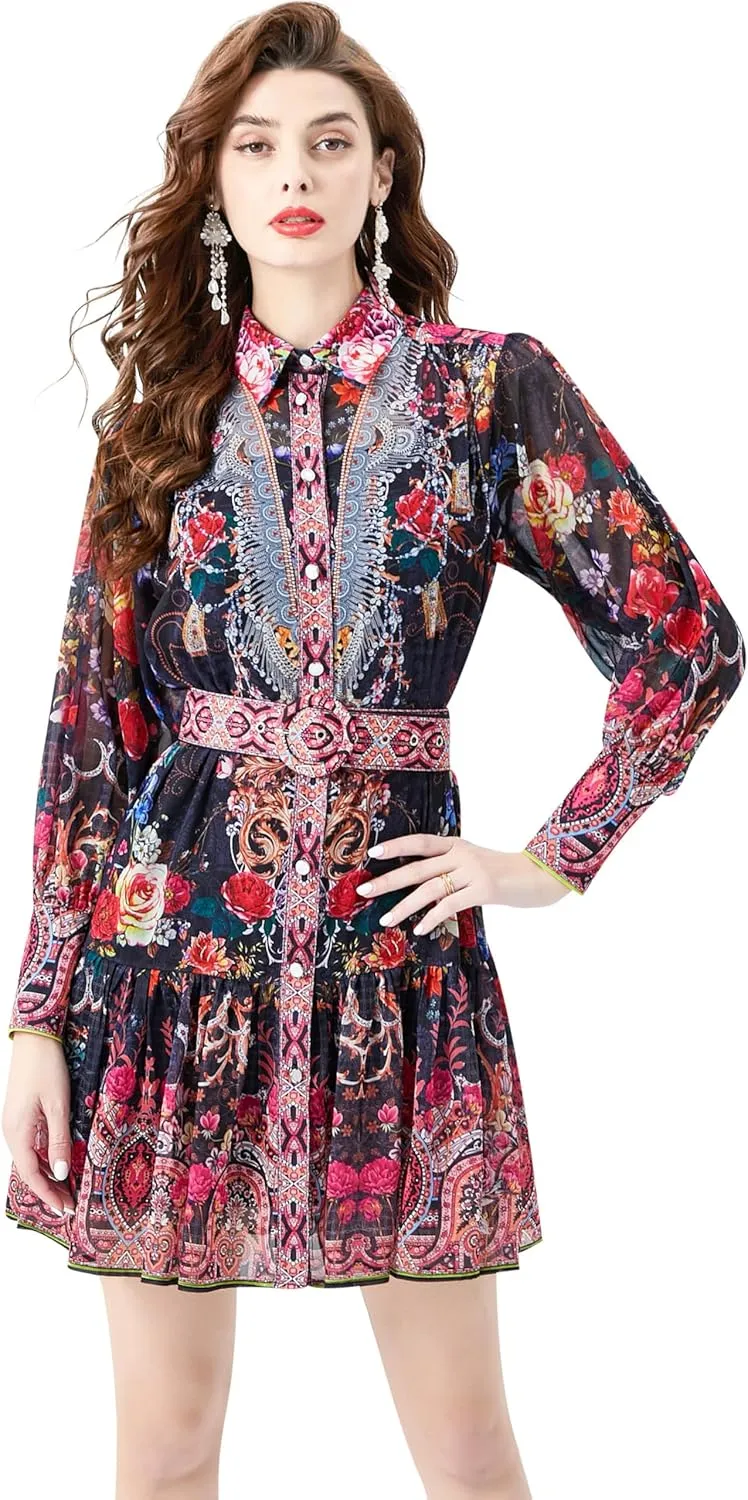 LAI MENG FIVE CATS Women's Floral Print Button up Lantern Sleeve Ruffle Dress Mini Dress