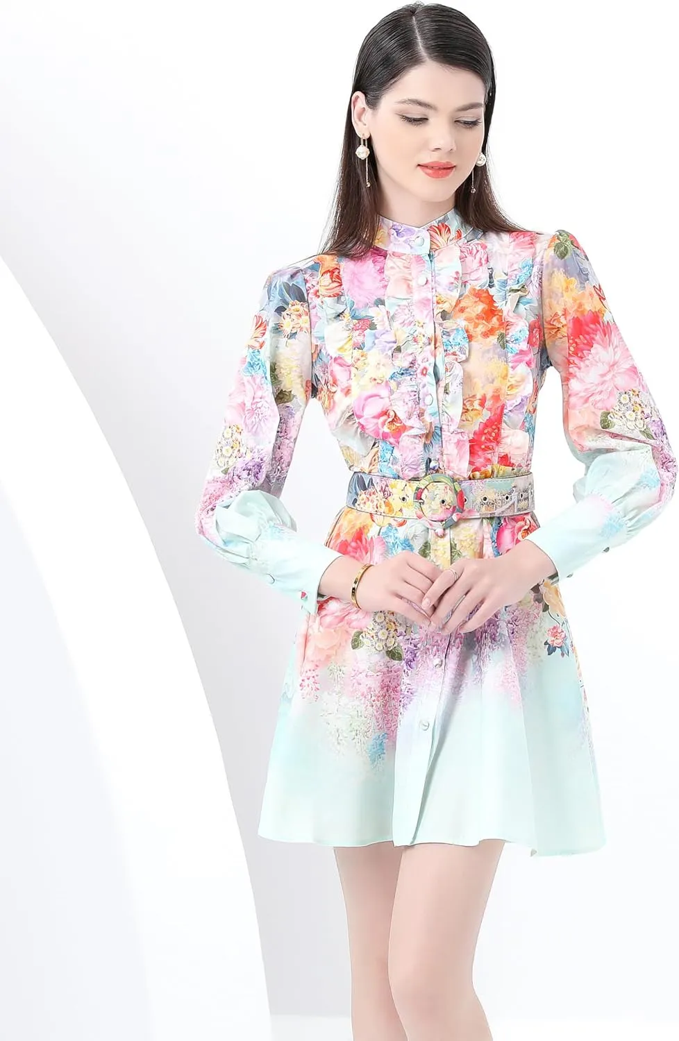 LAI MENG FIVE CATS Women's Floral Print Button up Lantern Sleeve Ruffle Dress Mini Dress