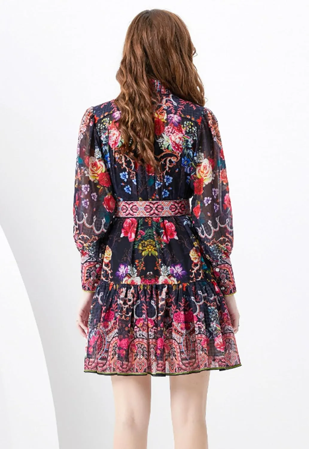 LAI MENG FIVE CATS Women's Floral Print Button up Lantern Sleeve Ruffle Dress Mini Dress