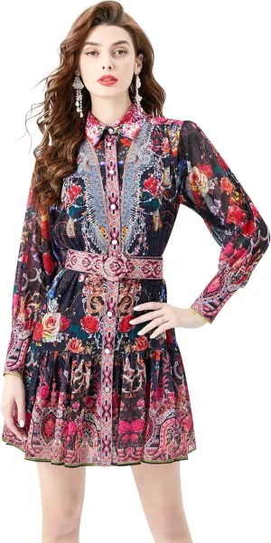 LAI MENG FIVE CATS Women's Floral Print Button up Lantern Sleeve Ruffle Dress Mini Dress