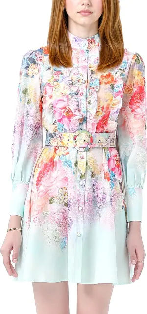 LAI MENG FIVE CATS Women's Floral Print Button up Lantern Sleeve Ruffle Dress Mini Dress