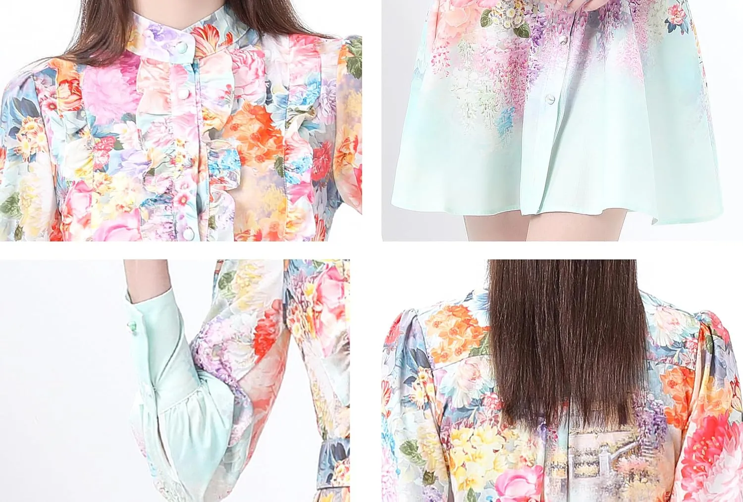 LAI MENG FIVE CATS Women's Floral Print Button up Lantern Sleeve Ruffle Dress Mini Dress