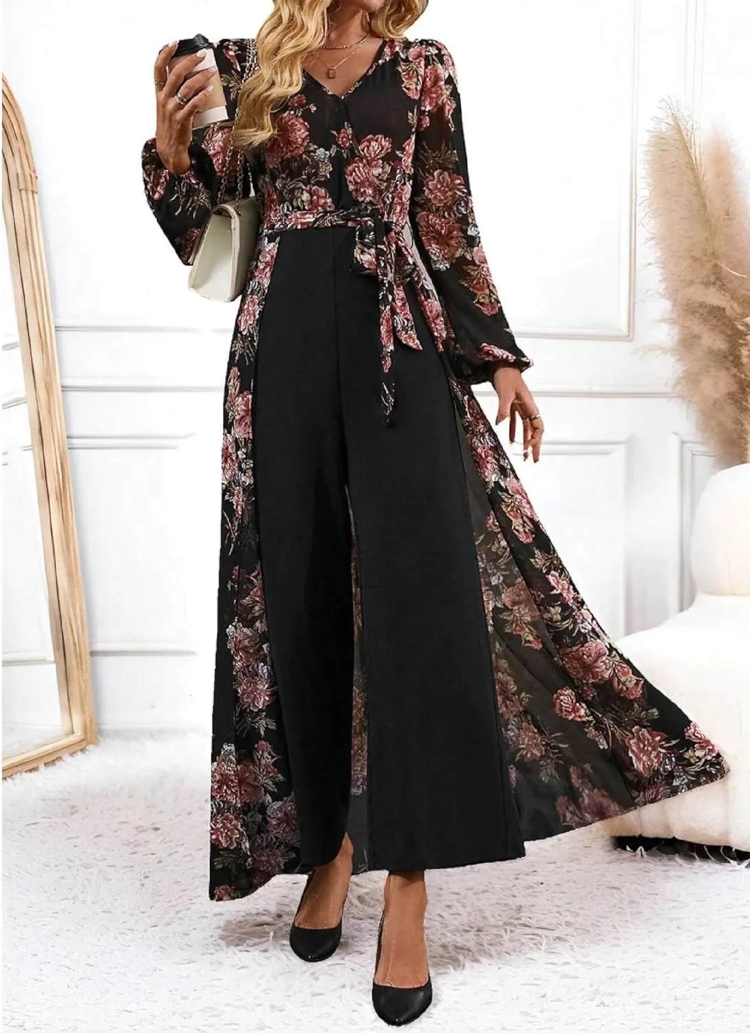 Lantern Long Sleeve Jumpsuit Wrapped V Neck Elegant for Womens Dressy Casual 2025 Spring One Piece Romper Outfits