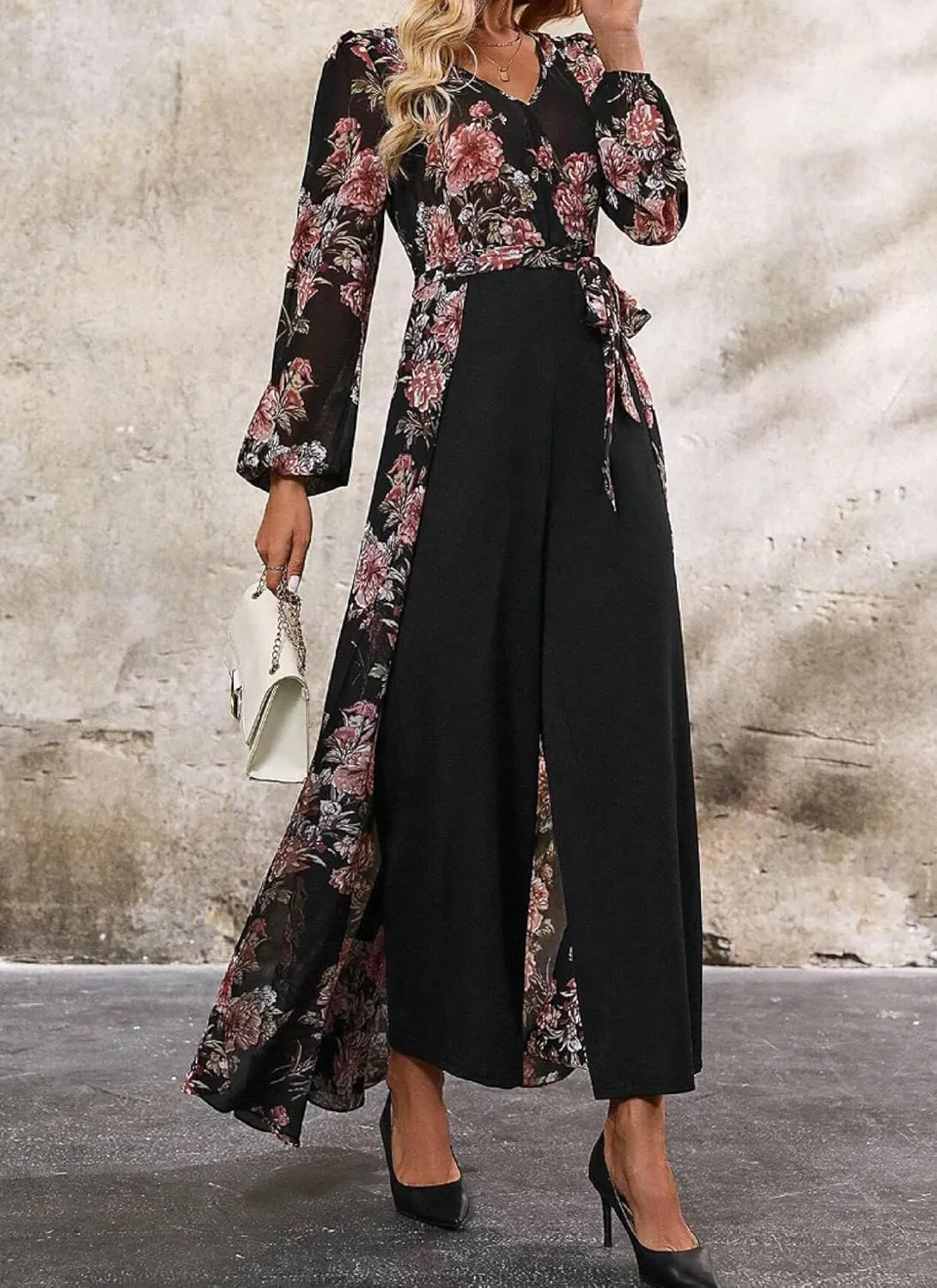 Lantern Long Sleeve Jumpsuit Wrapped V Neck Elegant for Womens Dressy Casual 2025 Spring One Piece Romper Outfits