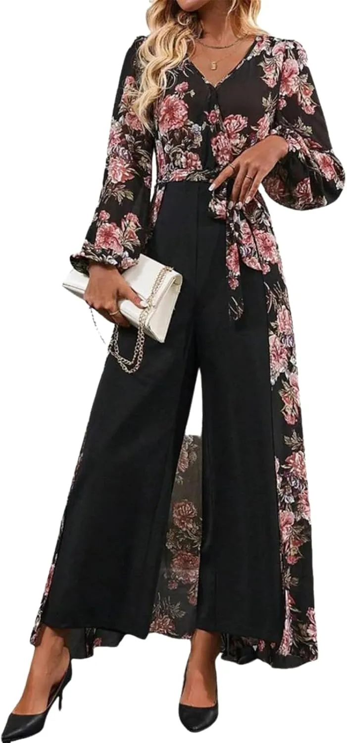 Lantern Long Sleeve Jumpsuit Wrapped V Neck Elegant for Womens Dressy Casual 2025 Spring One Piece Romper Outfits