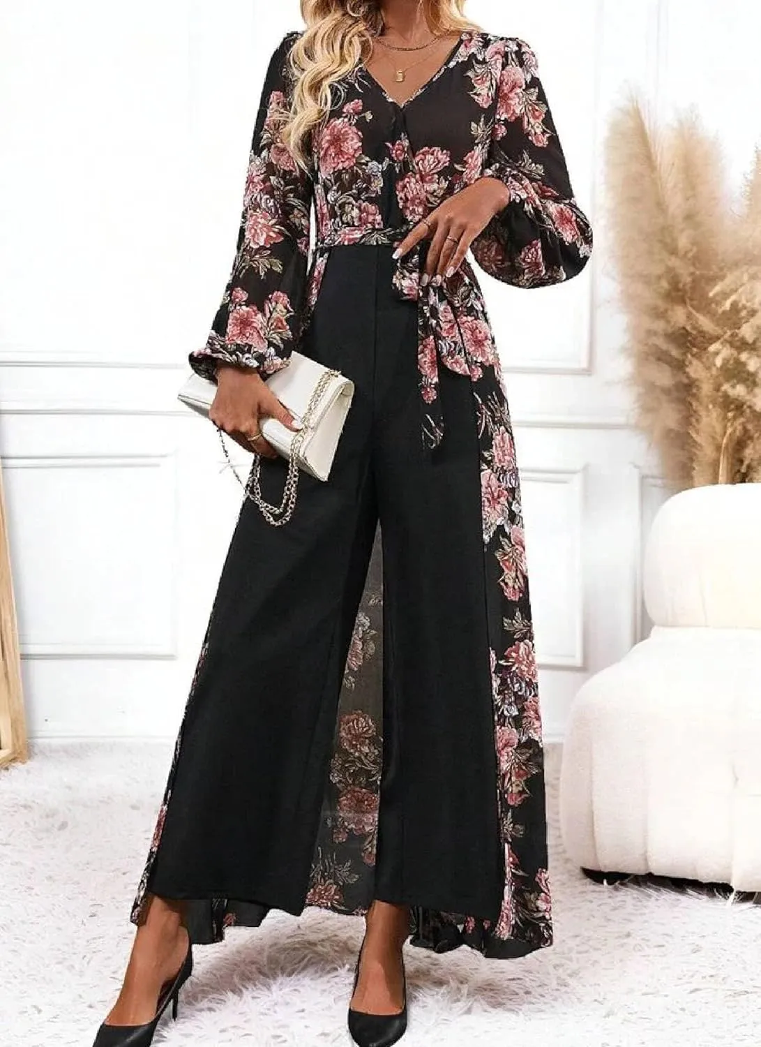 Lantern Long Sleeve Jumpsuit Wrapped V Neck Elegant for Womens Dressy Casual 2025 Spring One Piece Romper Outfits