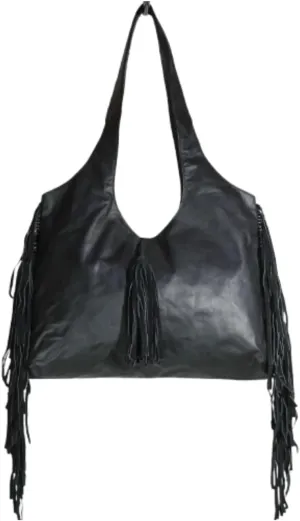 Leather Hobo Handbag with Fringe Tassels, Large Shoulder Bag for Women, Black