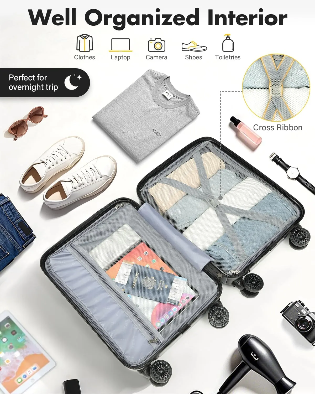 Lekesky 16 Inch Carry On Luggage Airline Approved, Hard Shell Suitcase with TSA Lock, Lightweight Spinner Wheels Durable ABS Compact Carry-On Bag for Travel Weekend Trips Men Women, Beige