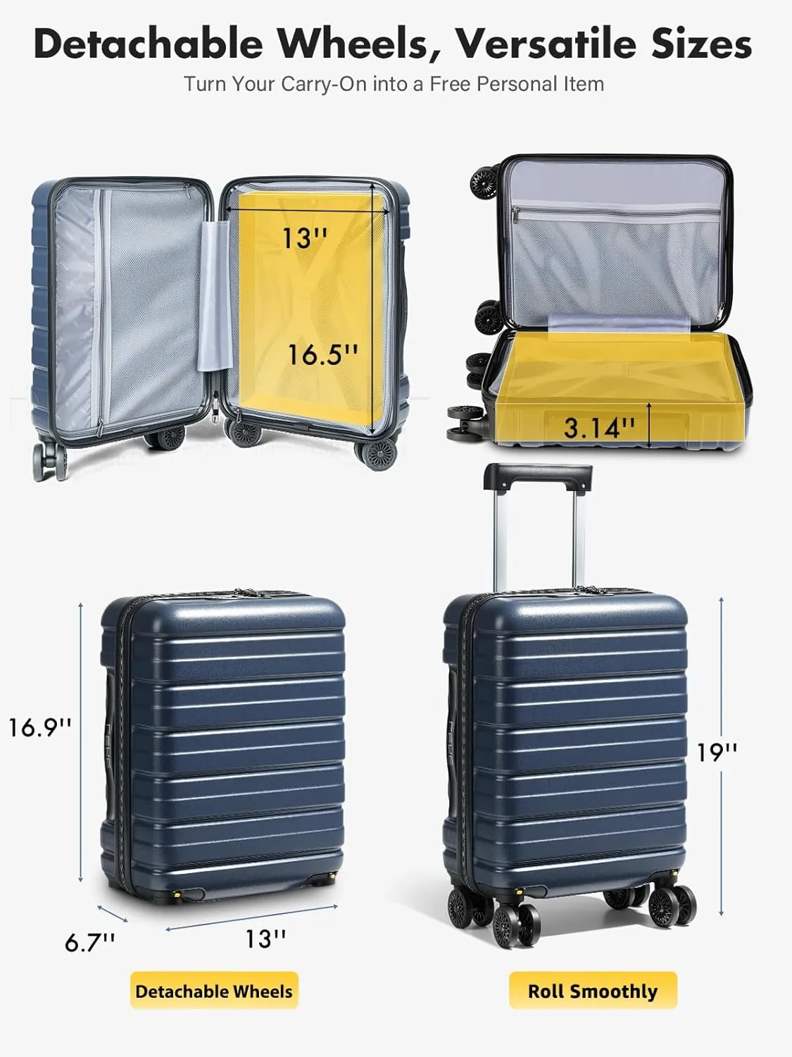 Lekesky 16 Inch Carry On Luggage Airline Approved, Hard Shell Suitcase with TSA Lock, Lightweight Spinner Wheels Durable ABS Compact Carry-On Bag for Travel Weekend Trips Men Women, Blue