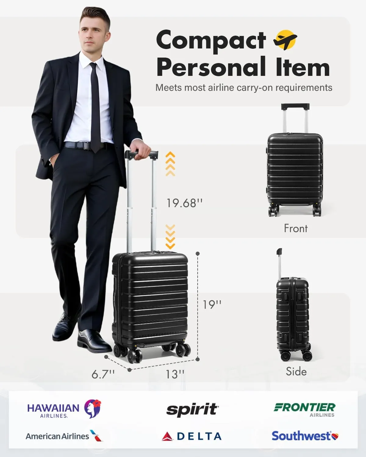 Lekesky 16 Inch Carry On Luggage Airline Approved, Hard Shell Suitcase with TSA Lock, Lightweight Spinner Wheels Durable ABS Compact Carry-On Bag for Women Men Travel Weekend Trips, Black