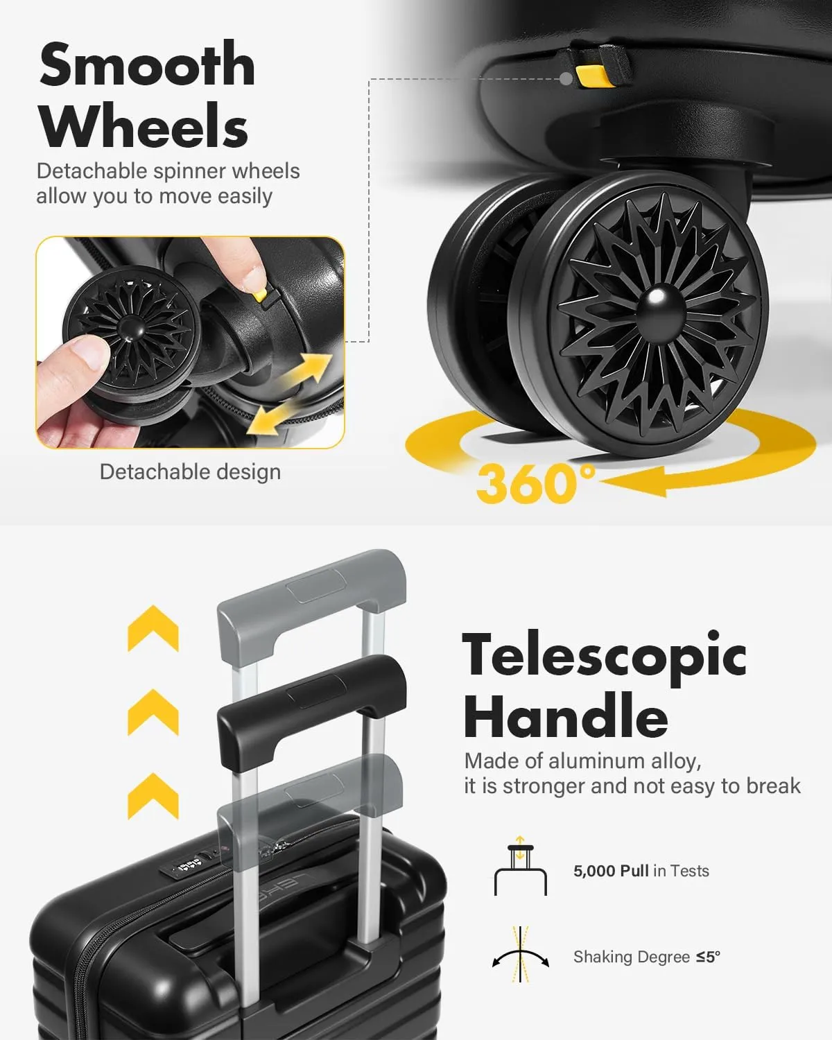 Lekesky 16 Inch Carry On Luggage Airline Approved, Hard Shell Suitcase with TSA Lock, Lightweight Spinner Wheels Durable ABS Compact Carry-On Bag for Women Men Travel Weekend Trips, Black