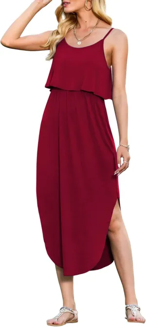 LILBETTER Women's Adjustable Strappy Split Summer Beach Casual Midi Dress