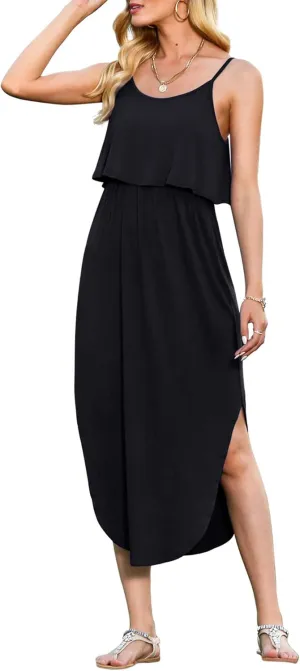 LILBETTER Women's Adjustable Strappy Split Summer Beach Casual Midi Dress