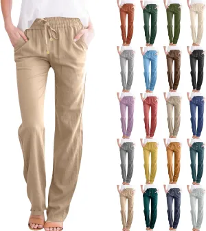 Linen Dress Pants Women Summer Casual Cotton Straight Leg Pants Elastic High Waisted Business Work Pants with Pockets