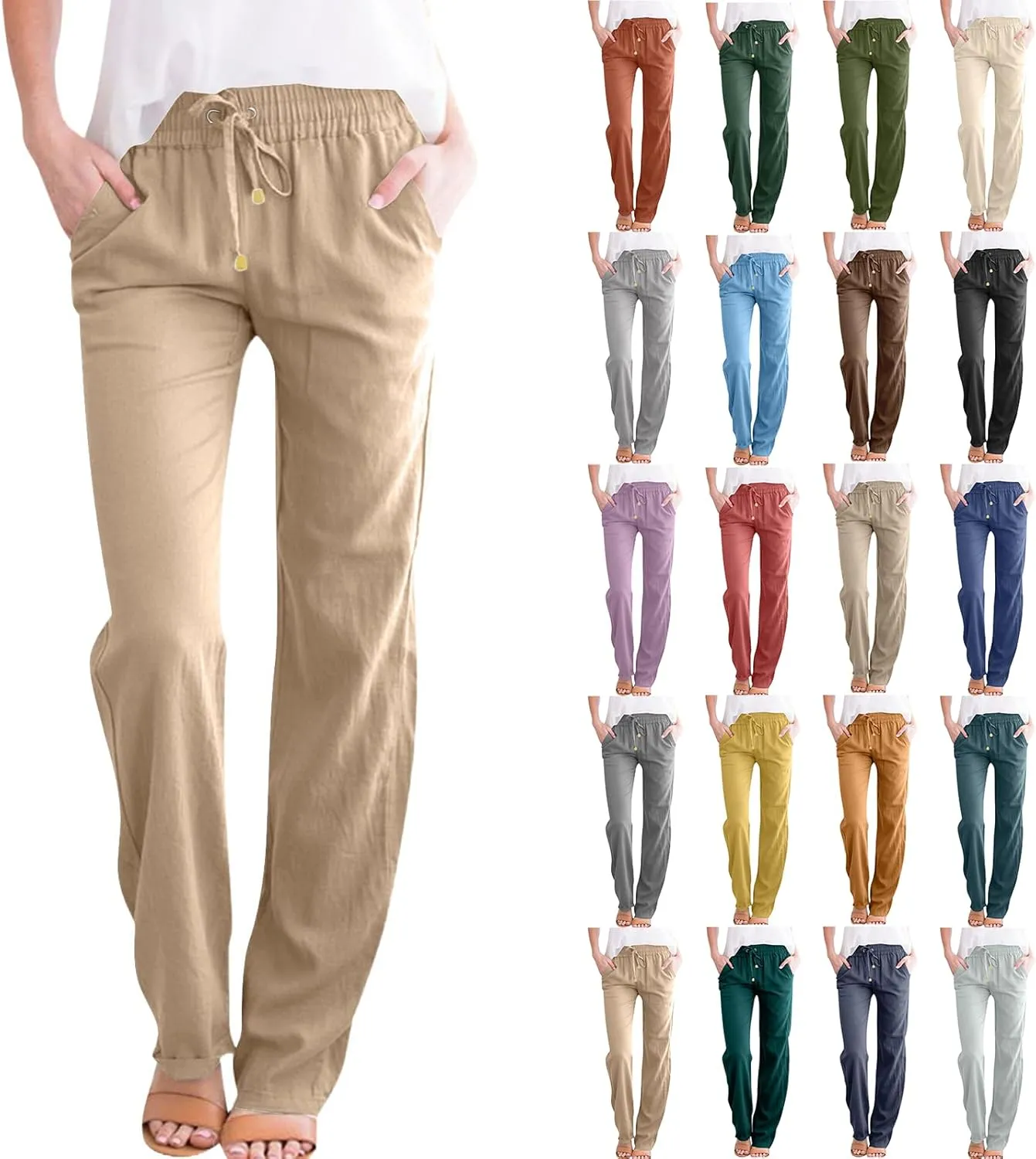 Linen Dress Pants Women Summer Casual Cotton Straight Leg Pants Elastic High Waisted Business Work Pants with Pockets