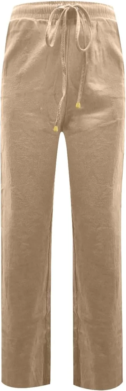Linen Dress Pants Women Summer Casual Cotton Straight Leg Pants Elastic High Waisted Business Work Pants with Pockets