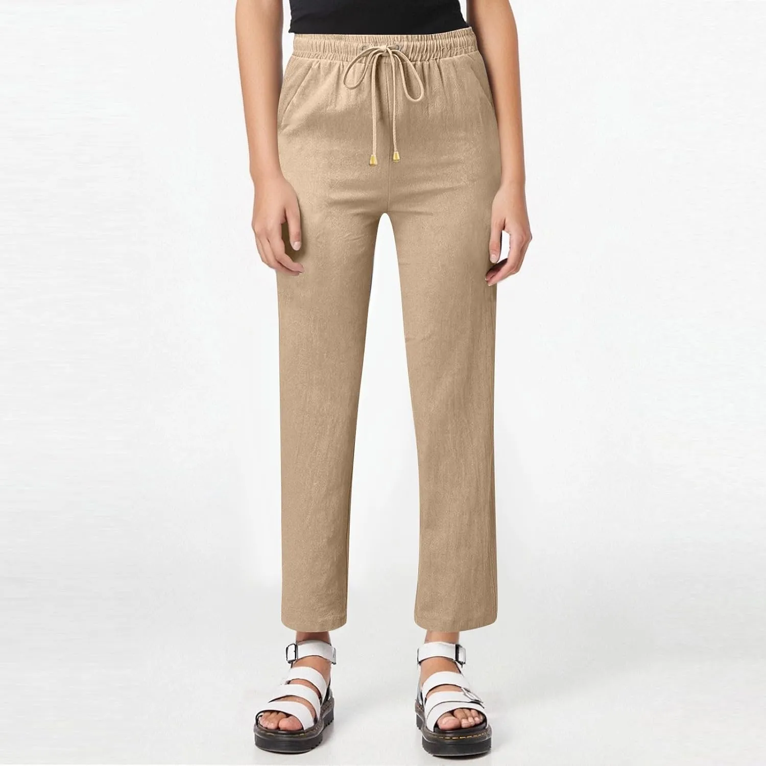 Linen Dress Pants Women Summer Casual Cotton Straight Leg Pants Elastic High Waisted Business Work Pants with Pockets