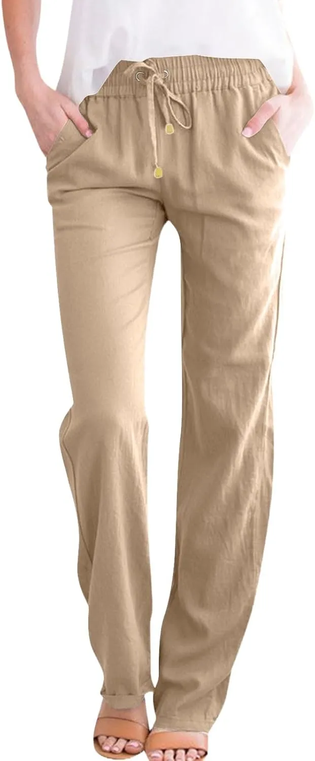 Linen Dress Pants Women Summer Casual Cotton Straight Leg Pants Elastic High Waisted Business Work Pants with Pockets