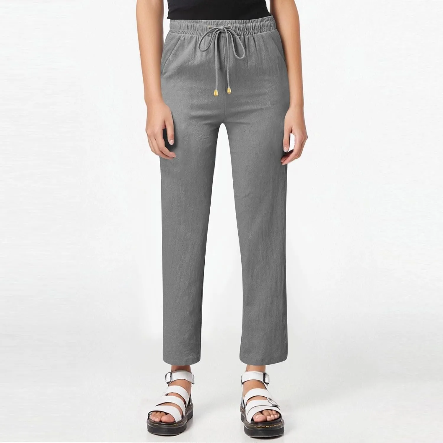 Linen Dress Pants Women Summer Casual Cotton Straight Leg Pants Elastic High Waisted Business Work Pants with Pockets