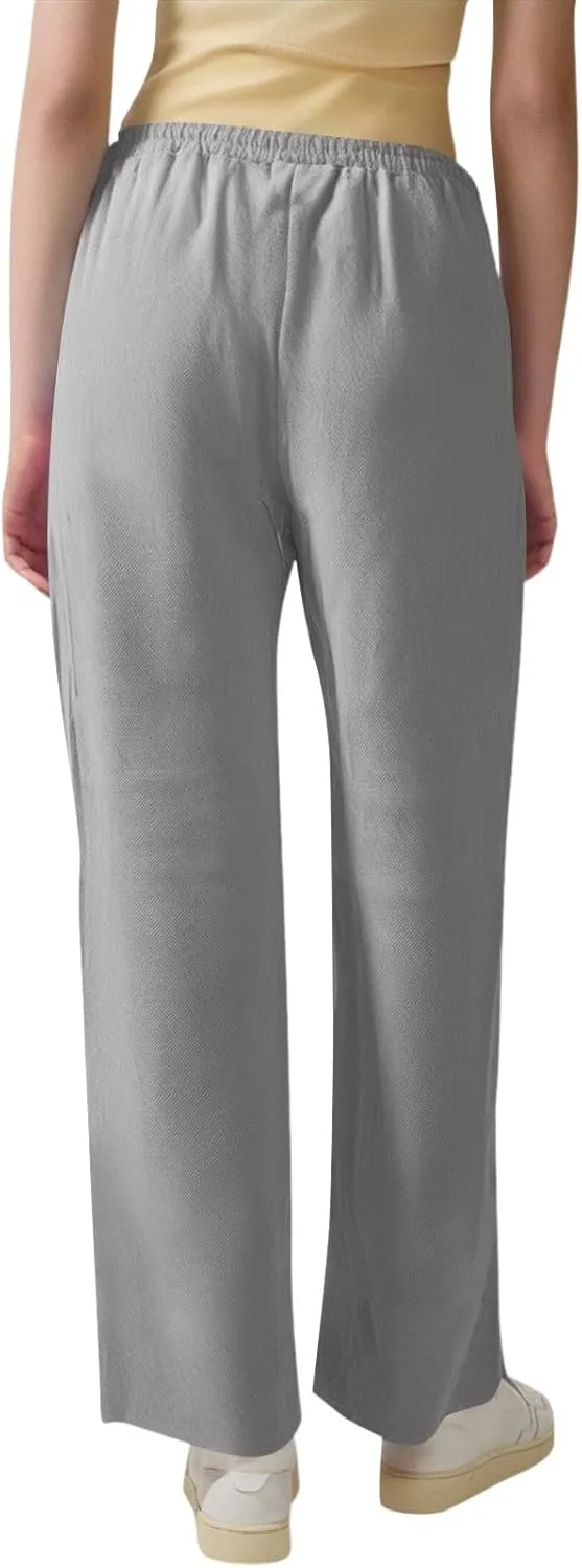 Linen Dress Pants Women Summer Casual Cotton Straight Leg Pants Elastic High Waisted Business Work Pants with Pockets