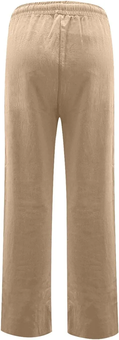 Linen Dress Pants Women Summer Casual Cotton Straight Leg Pants Elastic High Waisted Business Work Pants with Pockets