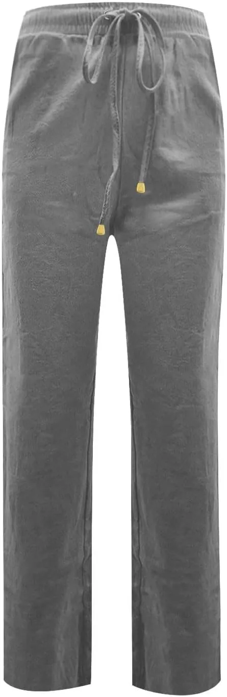 Linen Dress Pants Women Summer Casual Cotton Straight Leg Pants Elastic High Waisted Business Work Pants with Pockets