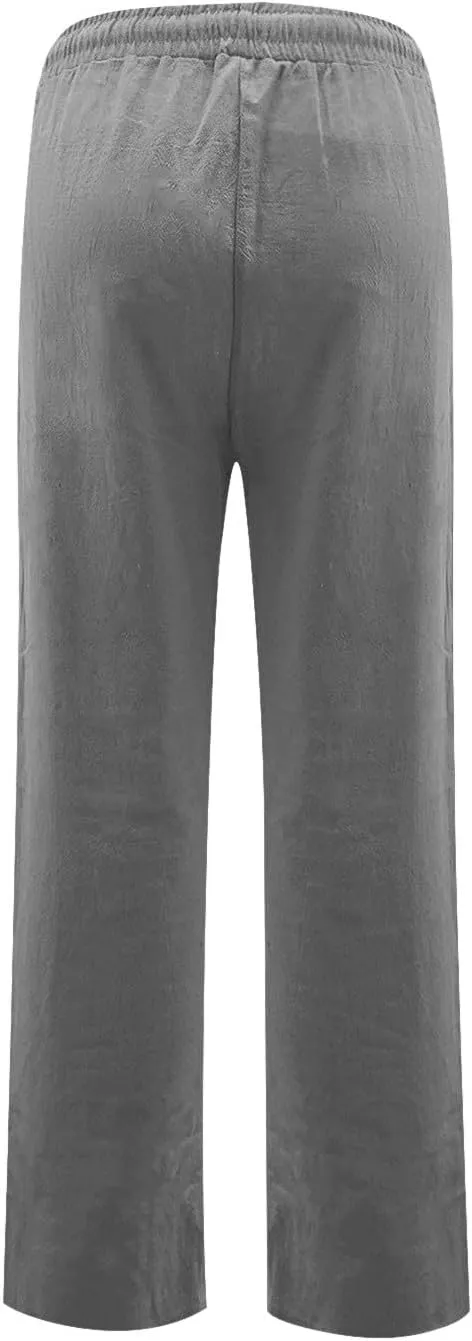 Linen Dress Pants Women Summer Casual Cotton Straight Leg Pants Elastic High Waisted Business Work Pants with Pockets
