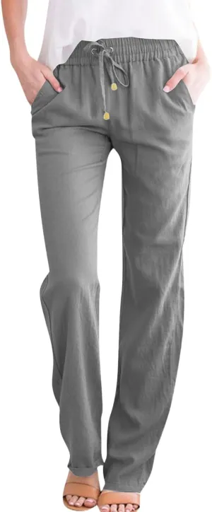 Linen Dress Pants Women Summer Casual Cotton Straight Leg Pants Elastic High Waisted Business Work Pants with Pockets