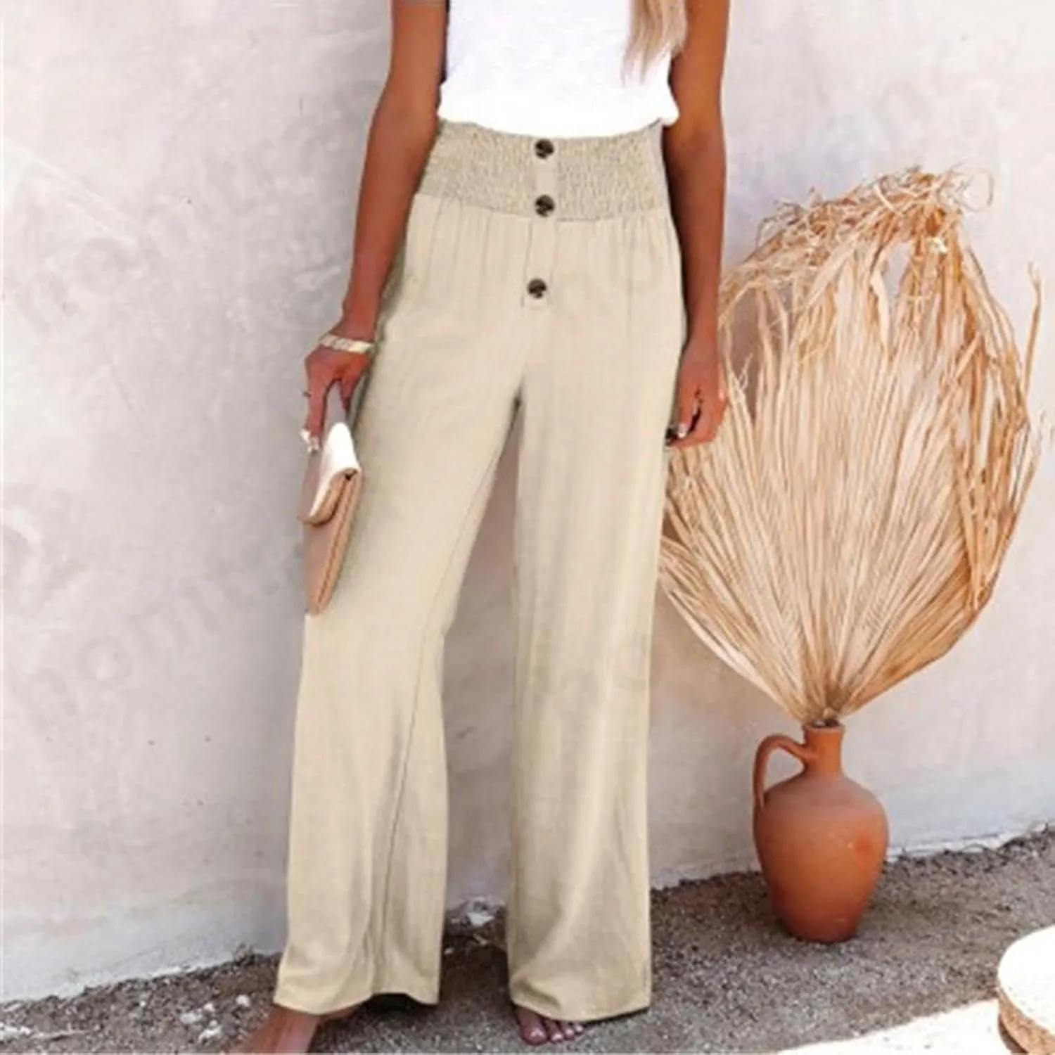 Linen Pants Women Smocked High Waisted Palazzo Pants Ladies Dressy Casual Loose Fit Wide Leg Trousers Summer Clothes