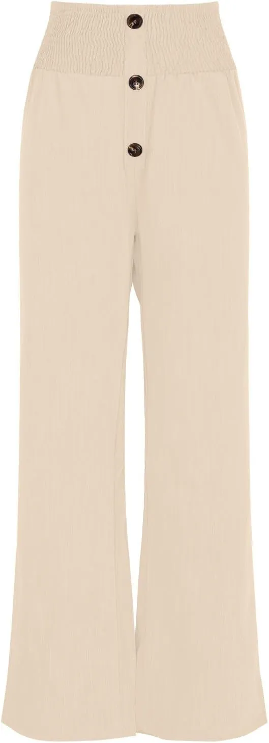 Linen Pants Women Smocked High Waisted Palazzo Pants Ladies Dressy Casual Loose Fit Wide Leg Trousers Summer Clothes
