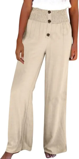 Linen Pants Women Smocked High Waisted Palazzo Pants Ladies Dressy Casual Loose Fit Wide Leg Trousers Summer Clothes