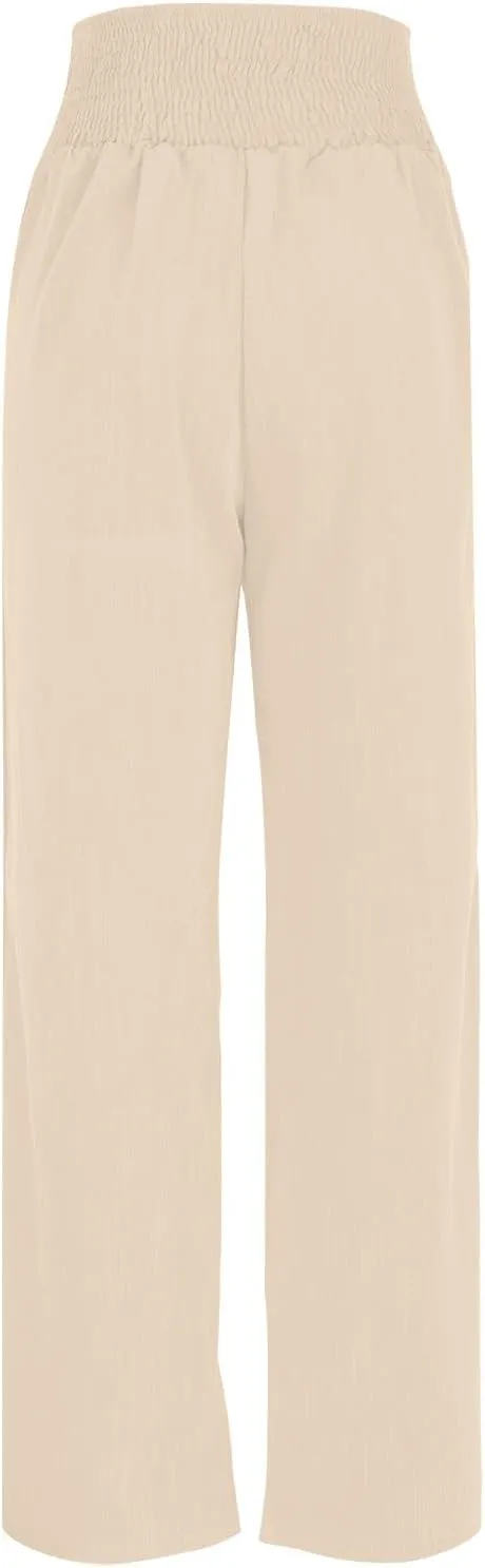 Linen Pants Women Smocked High Waisted Palazzo Pants Ladies Dressy Casual Loose Fit Wide Leg Trousers Summer Clothes