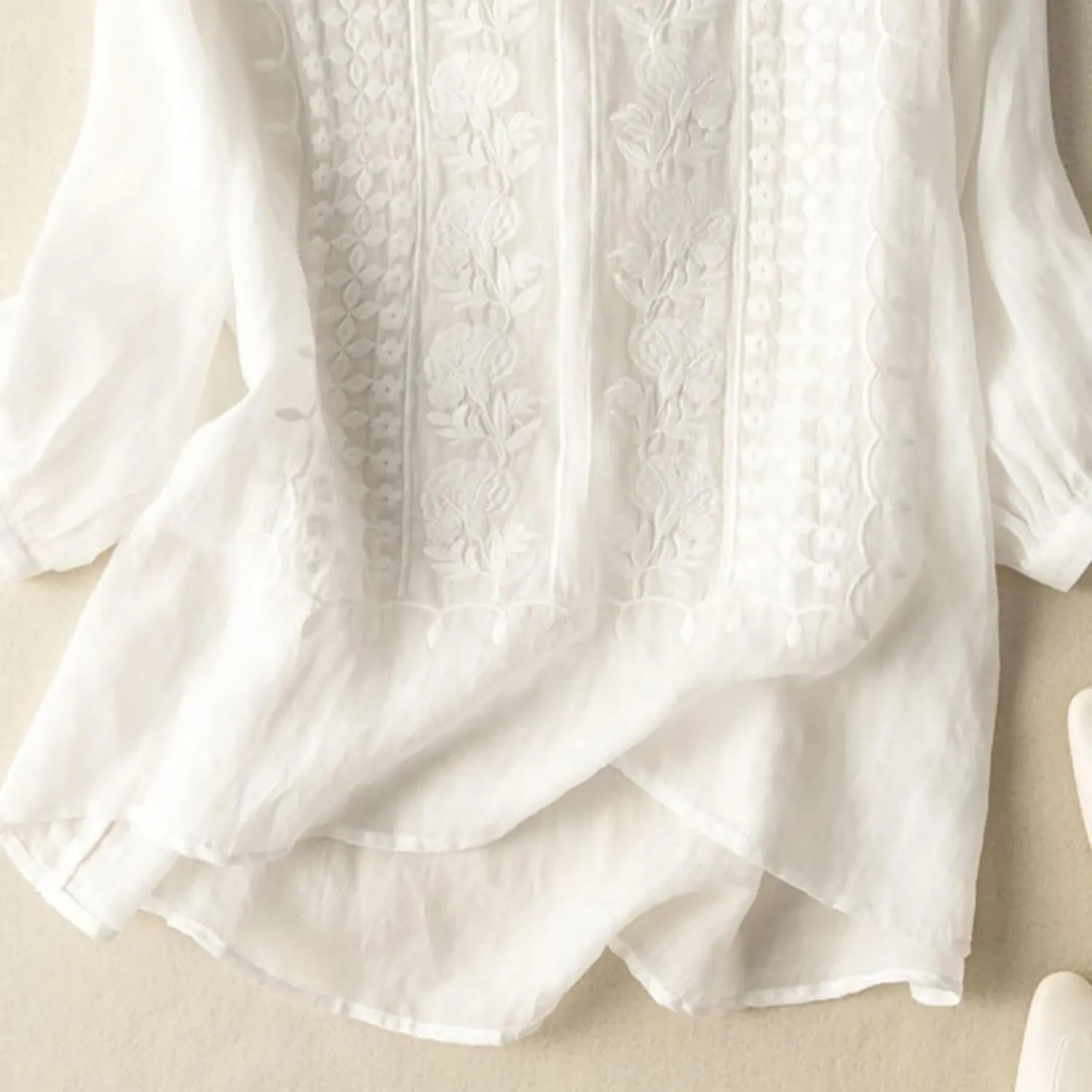 Linen Shirts for Women Summer 2025 Retro Embroidered 3/4 Sleeve Boho Tops Dressy Casual Blouses Teacher Loose Tunics