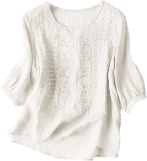 Linen Shirts for Women Summer 2025 Retro Embroidered 3/4 Sleeve Boho Tops Dressy Casual Blouses Teacher Loose Tunics