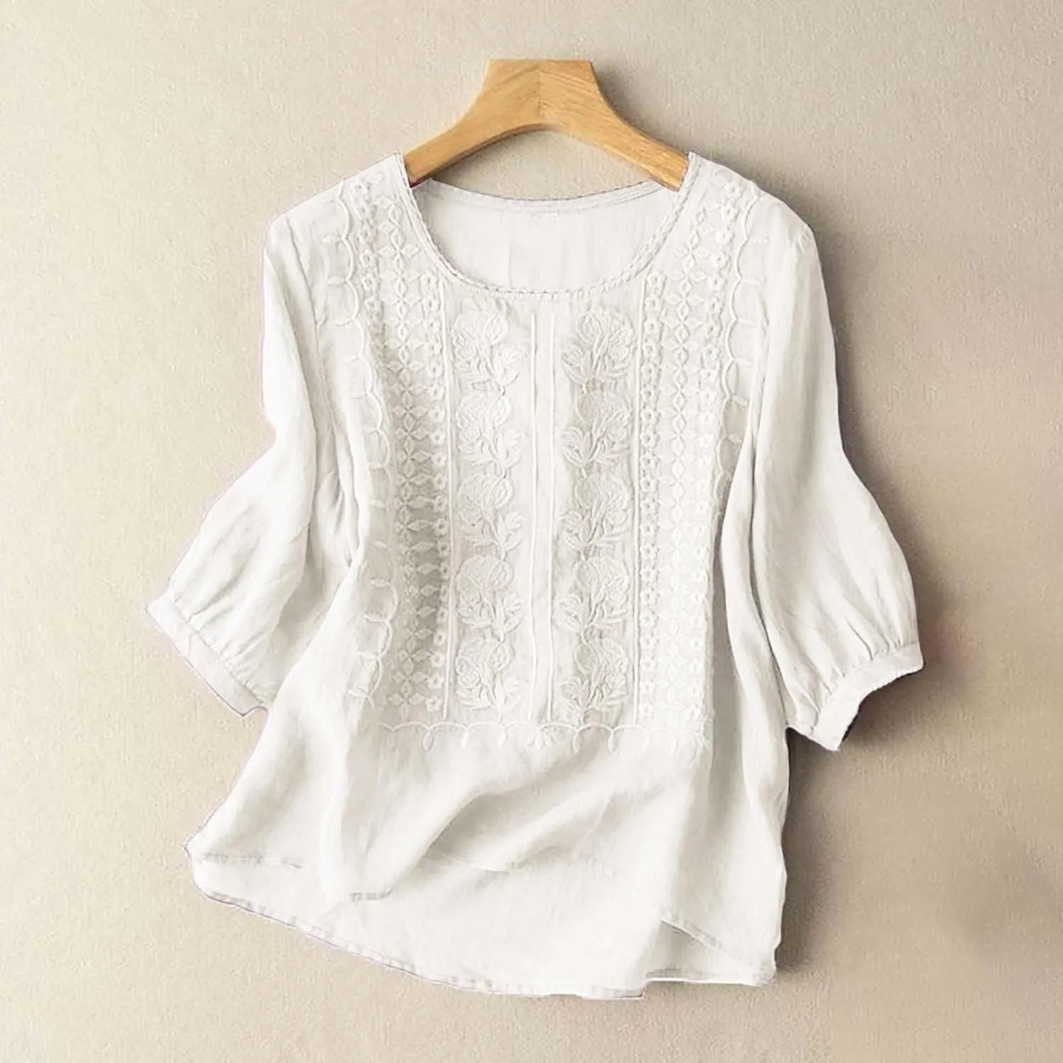 Linen Shirts for Women Summer 2025 Retro Embroidered 3/4 Sleeve Boho Tops Dressy Casual Blouses Teacher Loose Tunics