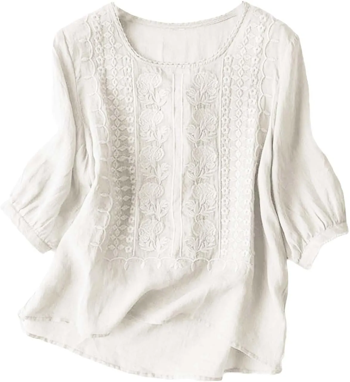 Linen Shirts for Women Summer 2025 Retro Embroidered 3/4 Sleeve Boho Tops Dressy Casual Blouses Teacher Loose Tunics
