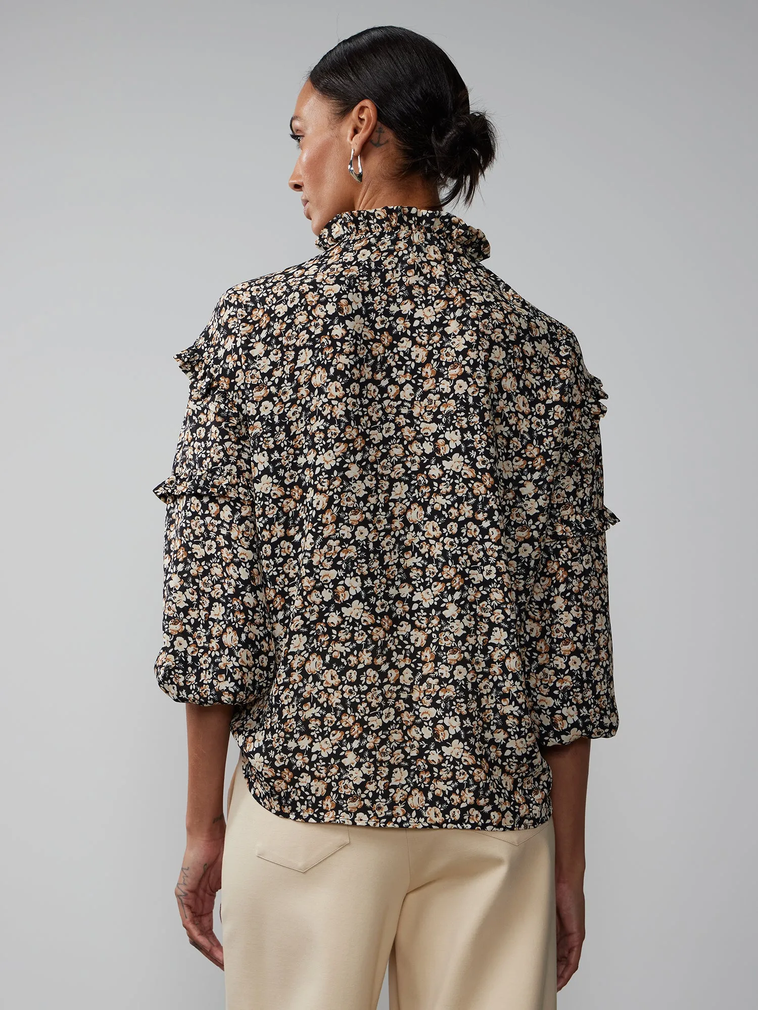 Long Sleeve Ruffle Detail Floral Print Top