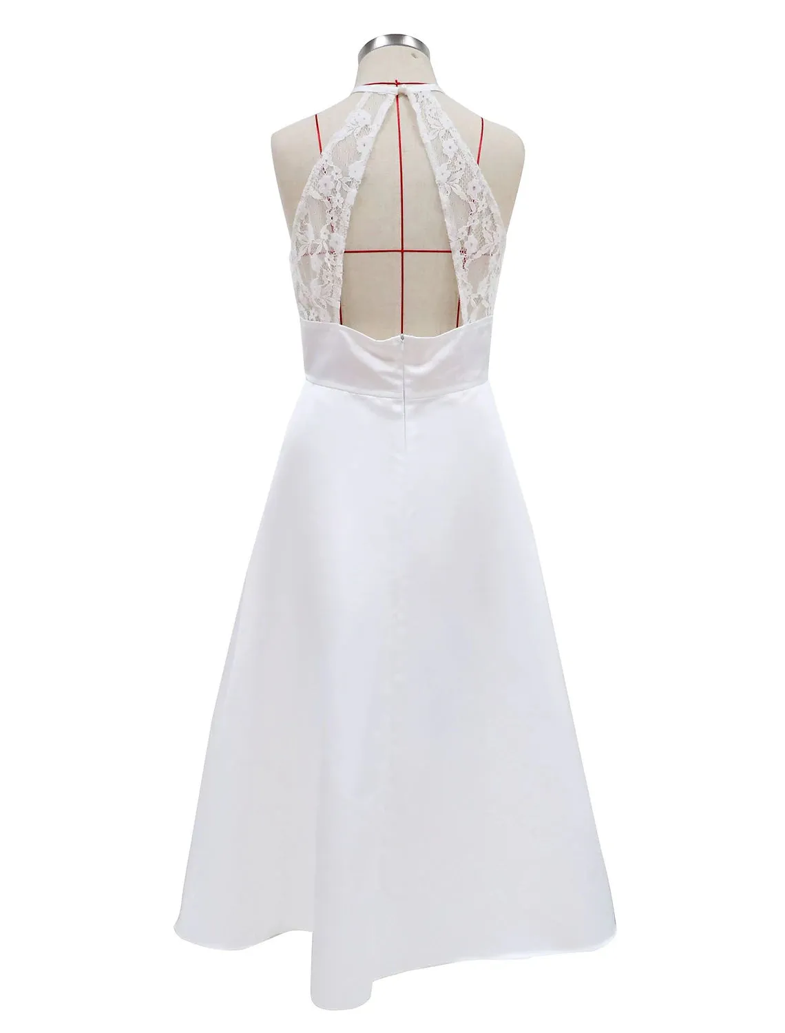 Luolandi Reception Little White Dresses Wedding Dresses A-Line Halter Neck Sleeveless Tea Length Satin Bridal Gowns