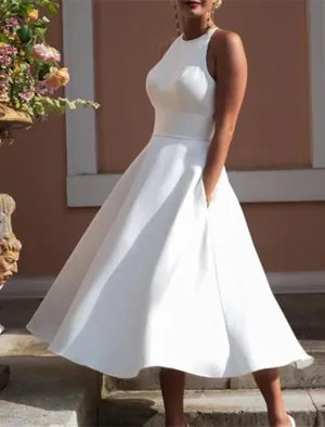 Luolandi Reception Little White Dresses Wedding Dresses A-Line Halter Neck Sleeveless Tea Length Satin Bridal Gowns
